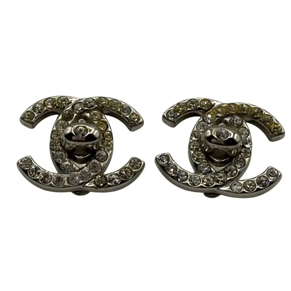 Chanel Rhinestone/Silver 1997 CC Turn lock Earrings
